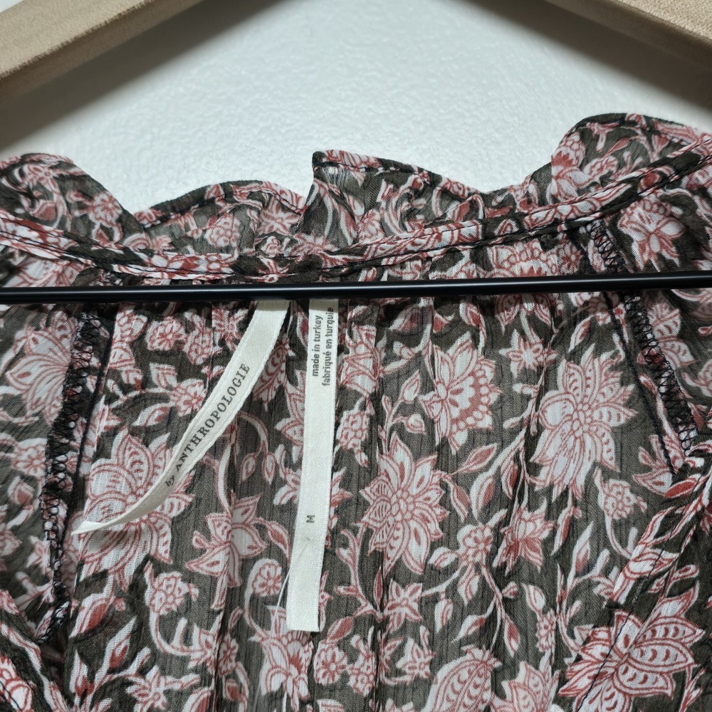Anthropologie Blouse Medium V Neck Flutter Sleeve Floral Ruffle Sheer NWT - Picture 4 of 7